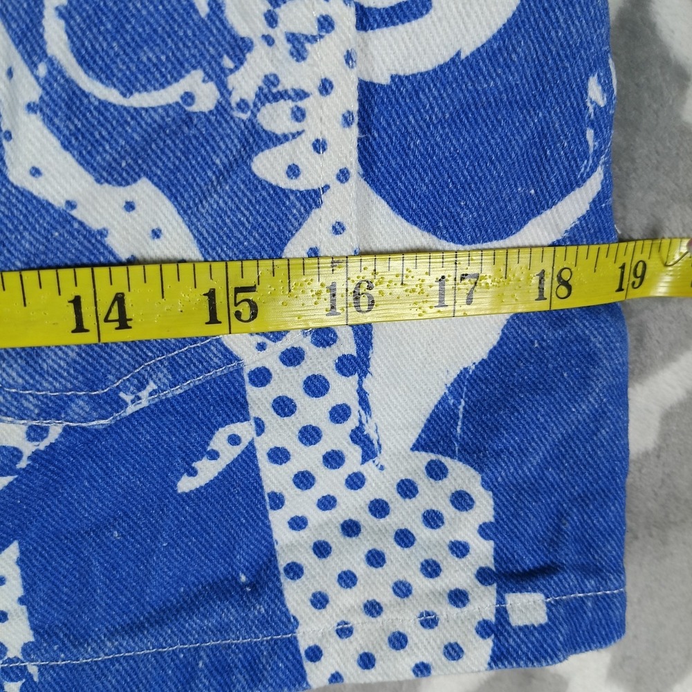 Edikted Mini Skirt Denim Size Small Blue White Graphic Pop Art Faces Y2K - Picture 7 of 9